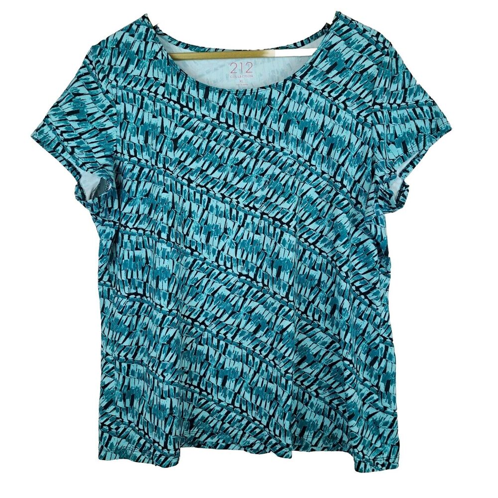 212 Collection Women T Shirt Blue Print Size XL Stretch Short Sleeve